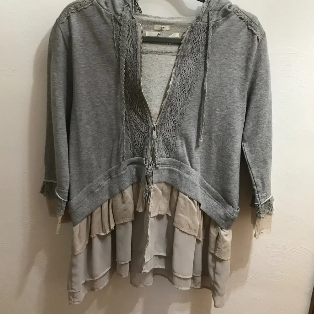 Grey Ruffle Zip-up Hoodie - Picture 2 of 6